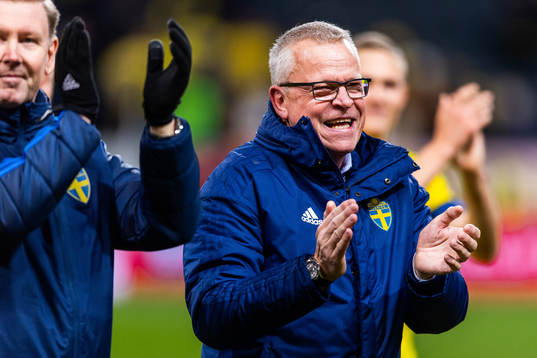 Head coach Janne Andersson of Sweden celebrates