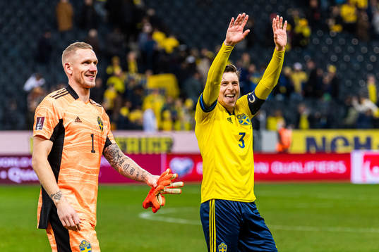 Goalkeeper Robin Olsen and Victor Nilsson Lindelöf of