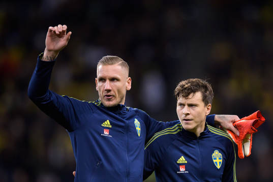 Robin Olsen and Victor Nilsson Lindelöf of Sweden