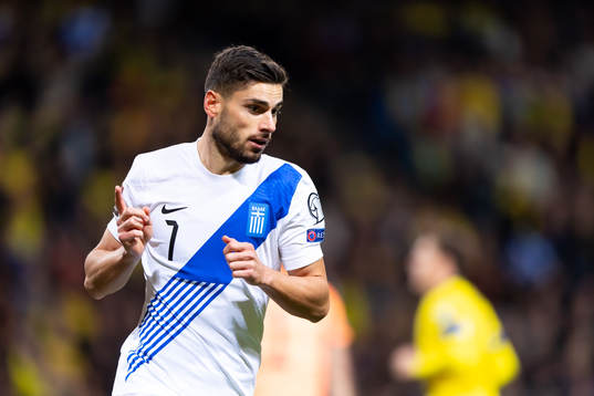 Giorgos Masouras of Greece celebrates a goal that is not