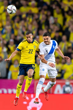 Robin Quaison of Sweden and Konstantinos Mavropanos of