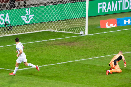 Giorgos Masouras of Greece scores a goal that is not