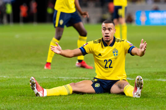 Robin Quaison of Sweden looks dejected