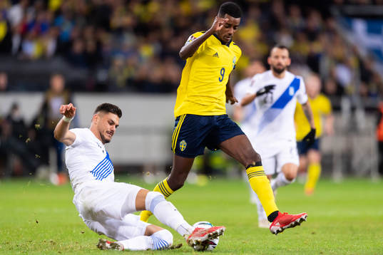 Konstantinos Mavropanos of Greece and Alexander Isak of