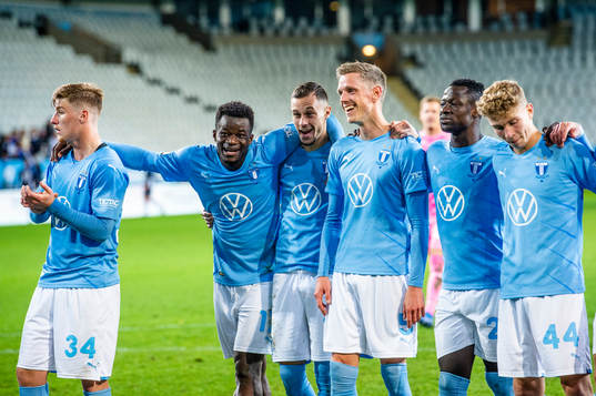 Malmö FFs Markus Björkqvist, Malik Abubakari, Veljko