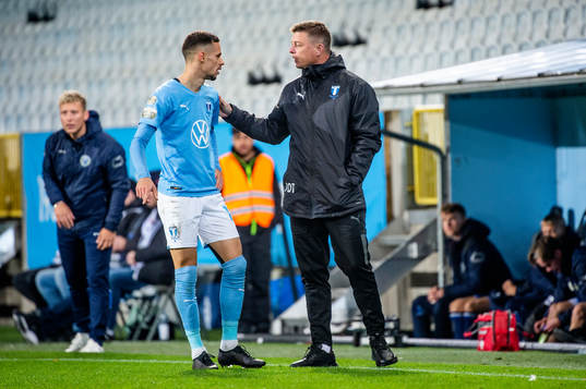 Malmö FFs Veljko Birmancevic och huvudtränare Jon Dahl