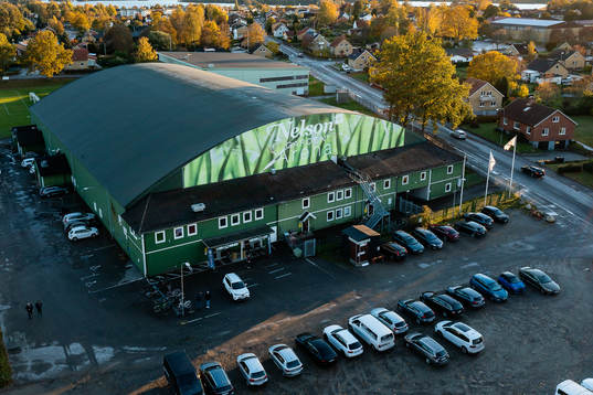 Exteriör vy av Nelson garden arena före ishockeymatchen i