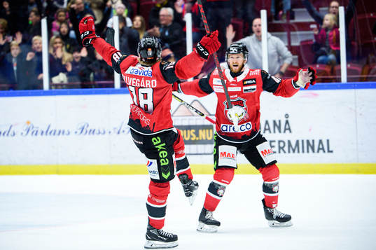 Malmö Redhawks Marcus Sylvegård och Joakim Ryan jublar