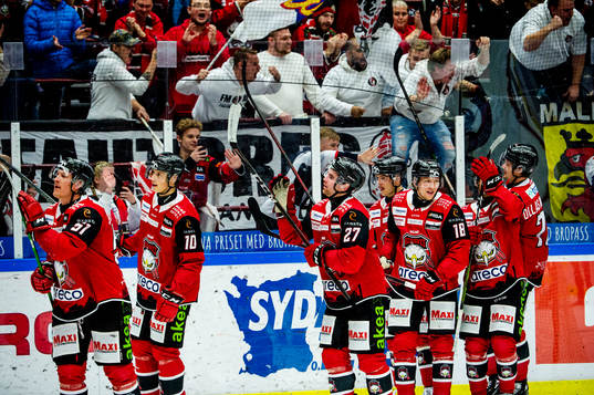 Malmö Redhawks spelare jublar med lagkamraterna