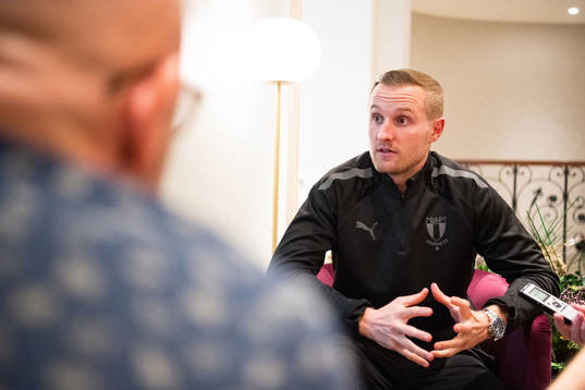Franz Brorsson of Malmö FF is interviewed at the team hotel