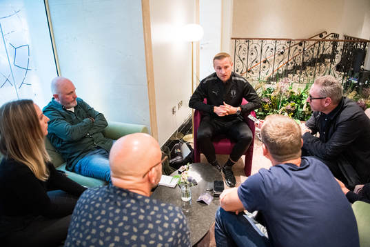 Franz Brorsson of Malmö FF is interviewed at the team hotel