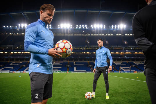 Eric Larsson and Veljko Birmancevic of Malmö FF