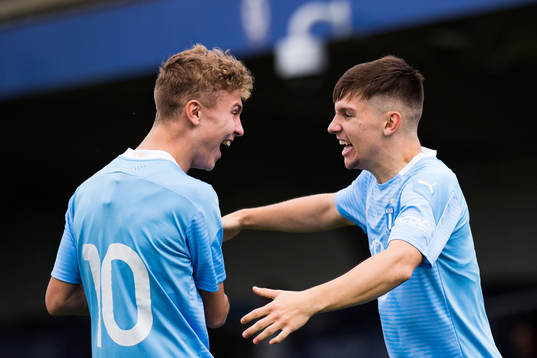 Isak Bjerkebo of Malmö FF (R) celebrate with Hugo Bolin (L)