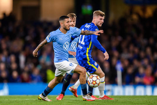 Sergio Pena of Malmö FF and Timo Werner of Chelsea