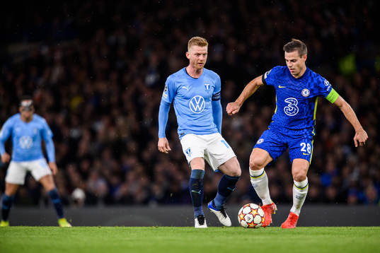Anders Christiansen of Malmö FF and Cesar Azpilicueta of