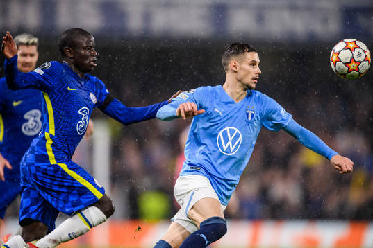 N'Golo Kante of Chelsea and Veljko Birmancevic of Malmö FF