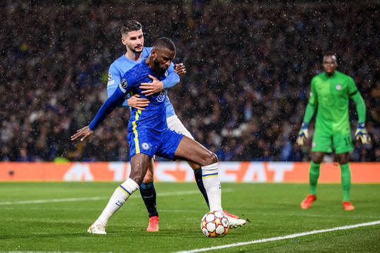 Antonio Colak of Malmö FF andf Antonio Rudiger of Chelsea