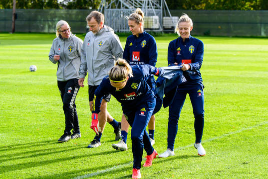 Goalkeeper Jennifer Falk and Rebecka Blomqvist of the