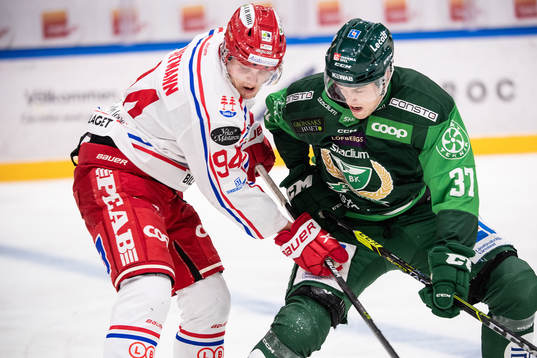 Timrås Sebastian Hartmann och Färjestads Adam Ginning
