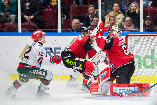 Frölundas Max Friberg oroar mot Malmö Redhawks målvakt