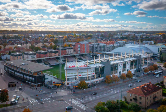 Behrn Arena fotbollsarena fotograferad med drönare