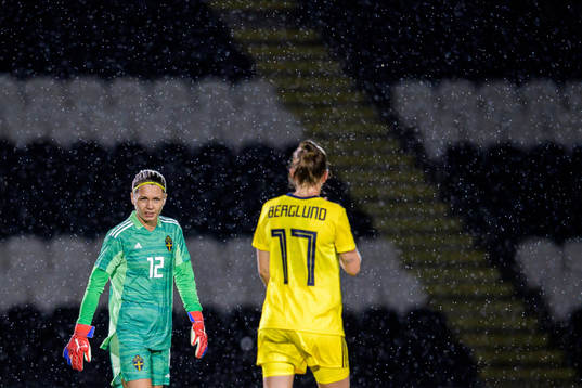 Goalkeeper Jennifer Falk and Emma Berglund of Sweden look