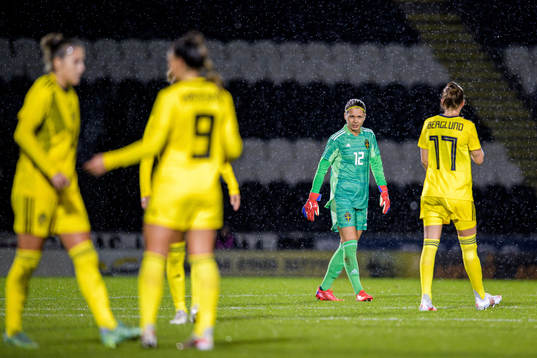Goalkeeper Jennifer Falk and Emma Berglund of Sweden look