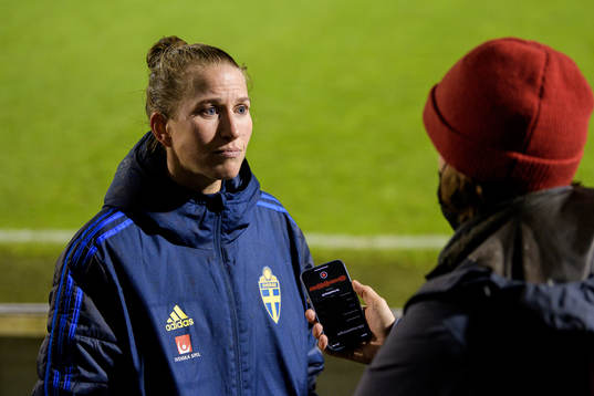 Emma Berglund of Sweden is interviewed by media