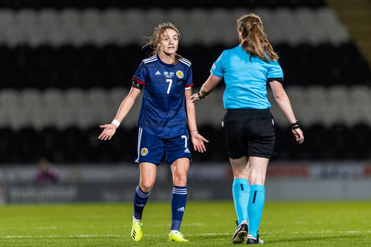 Christy Grimshaw of Scotland reacts towards referee Abigail