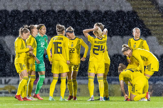 Players of Sweden gather for the second half