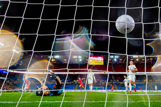 Goalkeeper Nicky Evrard of Belgium lets in the 1-0 goal