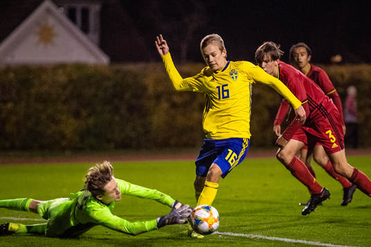 Sveriges Pontus Dahbo mot Belgiens målvakt Jannes Van Hof