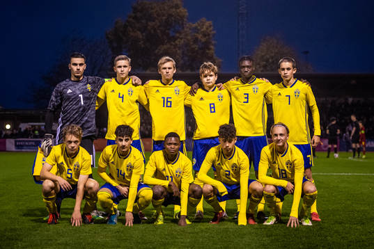 Sveriges spelare ställer upp för en lagbild (bakre ledet
