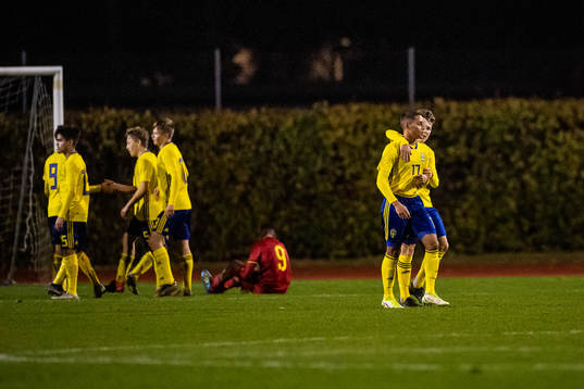 Sveriges Adrian Navarrete Hultberg kramas om