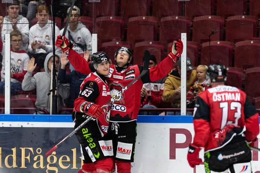 Malmö Redhawks Eric Engstrand och Fredrik Händemark jublar