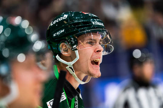 Färjestads Carl Jakobsson reagerar på ett domslut