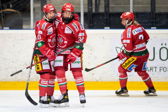 Modos Wilma Sundin, Jaycee Magwood och Lina Ljungblom jublar