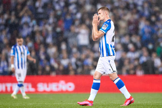 Alexander Sørloth of Real Sociedad reacts