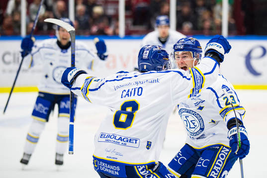 Leksands Matt Caito och Mikael Ruohomaa jublar
