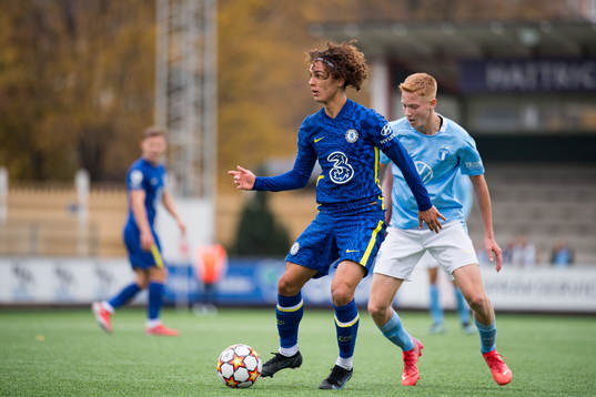 Charlie Webster of Chelsea and Hugo Larsson of Malmö FF