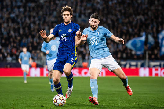Marcos Alonso of Chelsea and Antonio Colak of Malmö FF