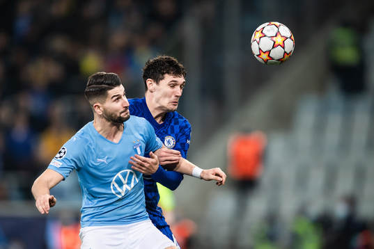 Antonio Colak of Malmö FF and Andreas Christensen of