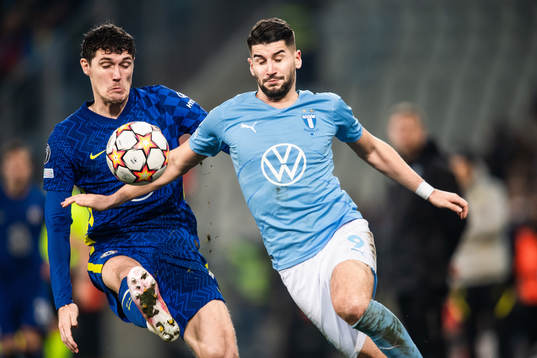 Andreas Christensen of Chelsea and Antonio Colak of Malmö
