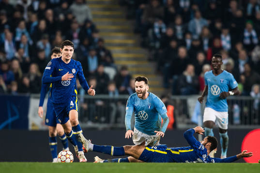 Erdal Rakip of Malmö FF against Andreas Christensen and