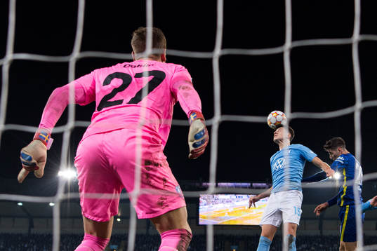 Goalkeeper Johan Dahlin and Anel Ahmedhodzic of Malmö FF