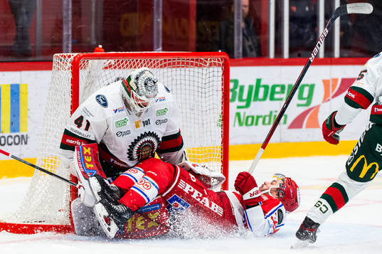 Frölundas målvakt Niklas Rubin och Timrås Ty Rattie i en