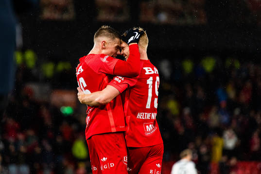 Robert Taylor and Sivert Heltne Nilsen of Brann celebrate