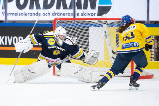 Ångermanlands målvakt Ebba Lindström ser Dalarnas Nellie
