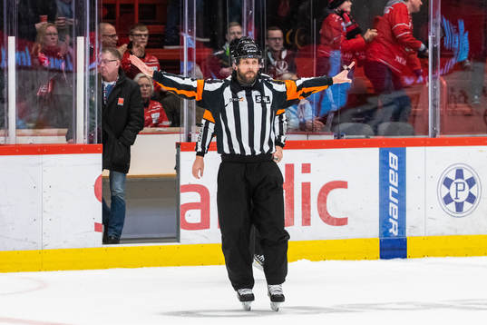 Domare Marcus Linde dömer bort 2-3-målet för Färjestad