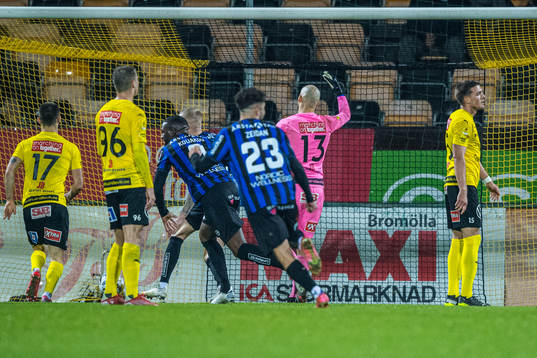Mjällbys målvakt Carl-Johan Eriksson  och Ivan Kricak